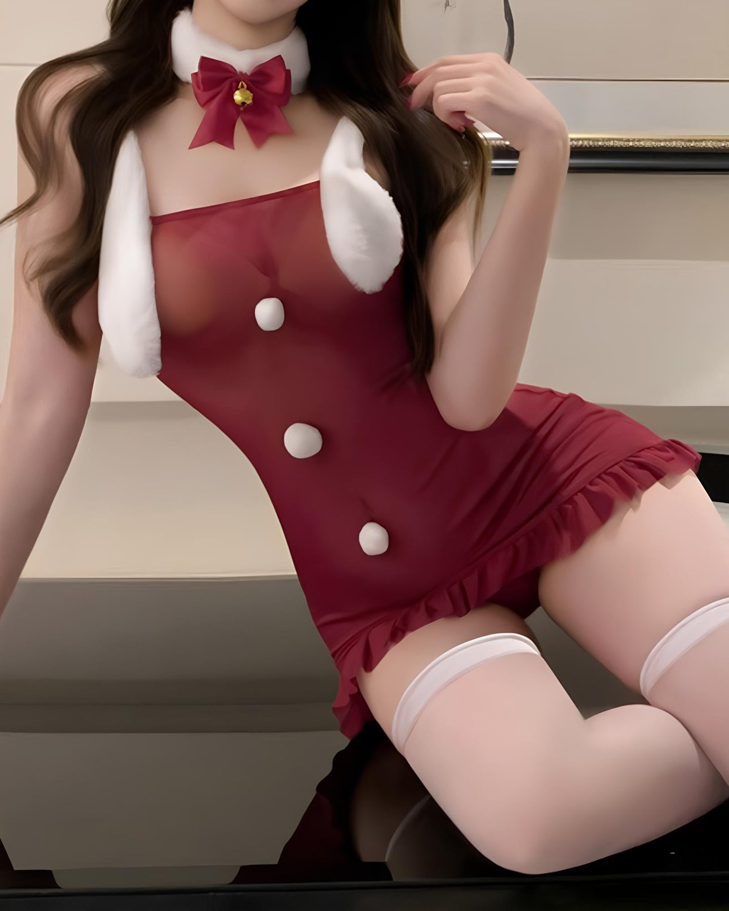 Christmas Sexy Bunny Girl Plush See-Through Mesh Patchwork Strapless Lingerie Nightgown with Headband