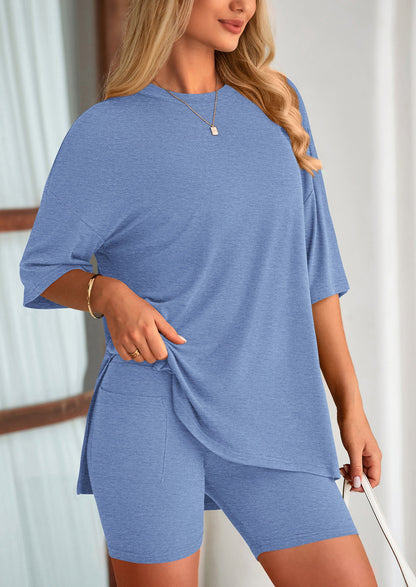 Women's Two-Piece Casual Sports Loose Shirt Cycling Shorts Suit