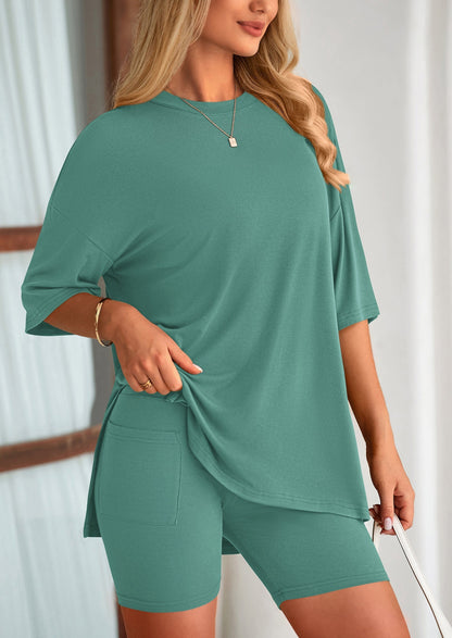 Women's Two-Piece Casual Sports Loose Shirt Cycling Shorts Suit