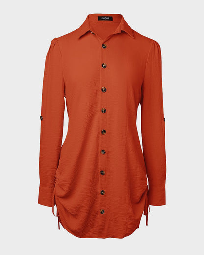 Long Sleeve Button Down Drawstring Shirt Dress