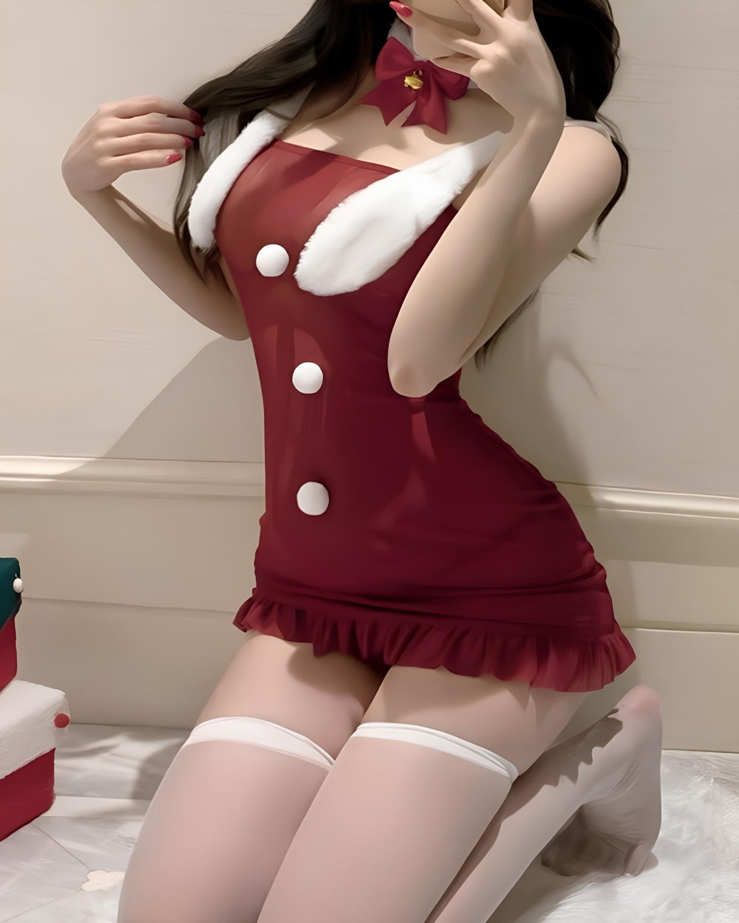 Christmas Sexy Bunny Girl Plush See-Through Mesh Patchwork Strapless Lingerie Nightgown with Headband