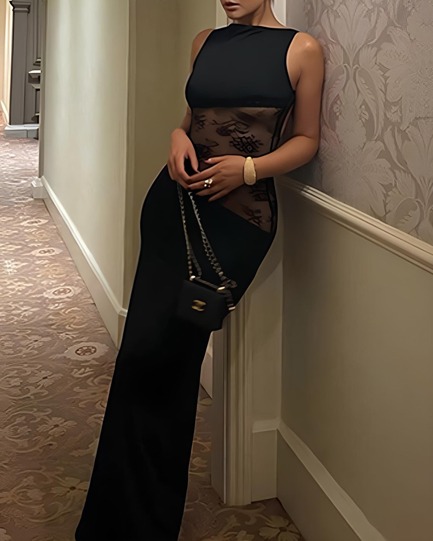 Sexy Figure-hugging Spliced Lace Sleeveless Backless Long Dress