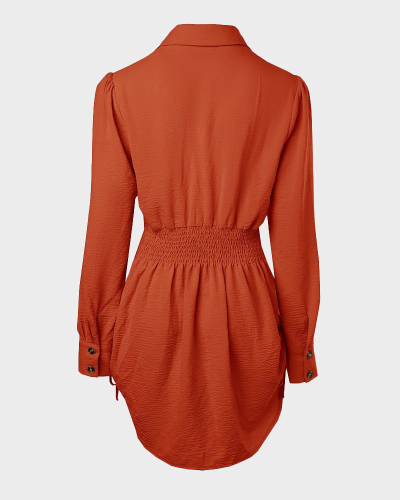 Long Sleeve Button Down Drawstring Shirt Dress