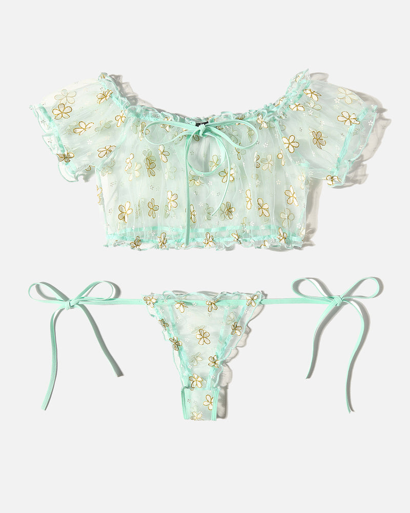 PRAIRYNA Floral Mesh Ruffle Lingerie Set