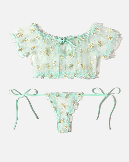 PRAIRYNA Floral Mesh Ruffle Lingerie Set