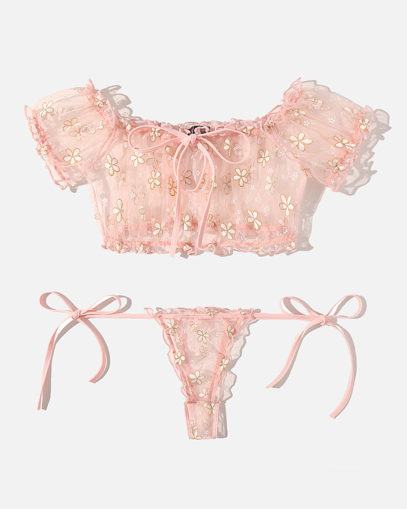 PRAIRYNA Floral Mesh Ruffle Lingerie Set