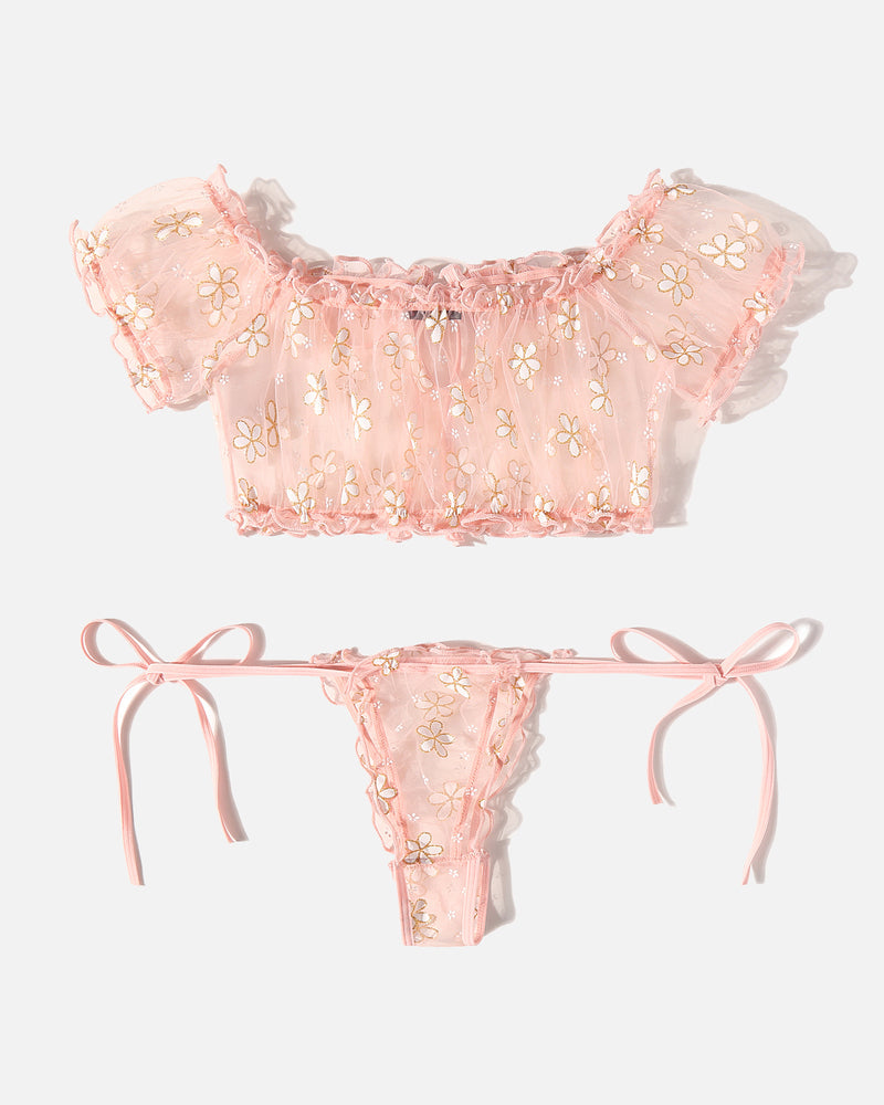 PRAIRYNA Floral Mesh Ruffle Lingerie Set