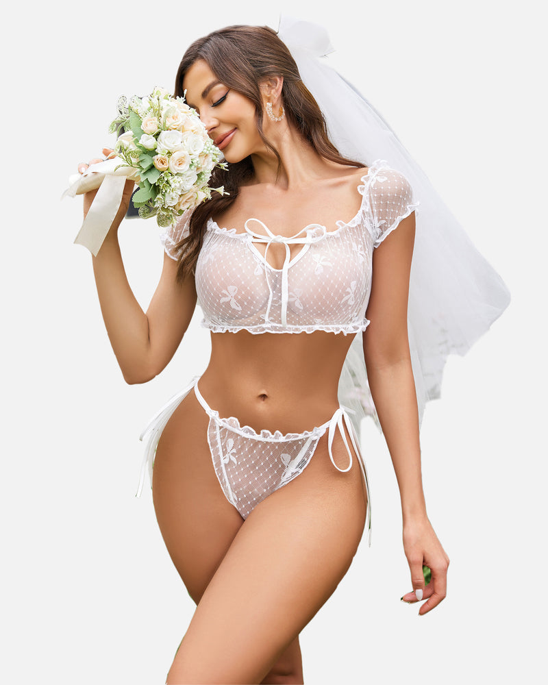 PRAIRYNA Floral Mesh Ruffle Lingerie Set