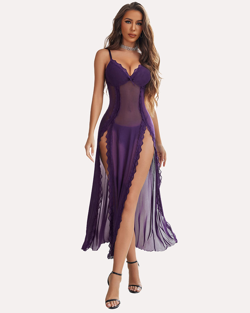 ARDELUNE Lace Mesh Side Split Nightgown