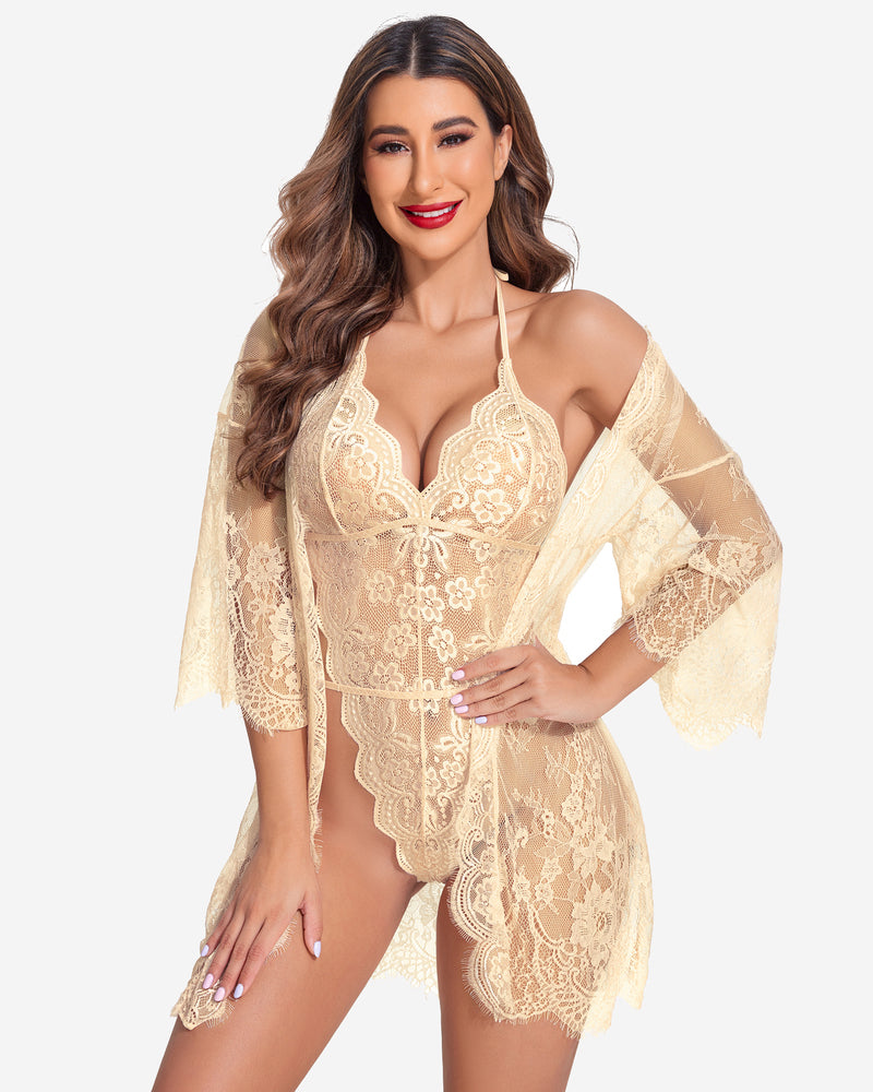 2 Piece Set Lace Robe with Teddy