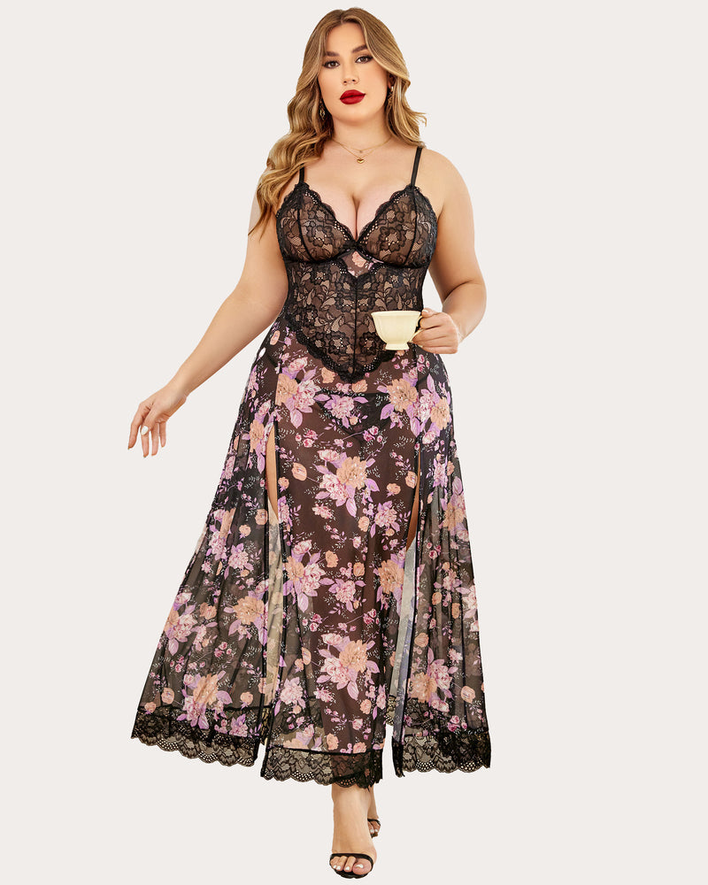 Plus Size Floral Side Slits Nightdress