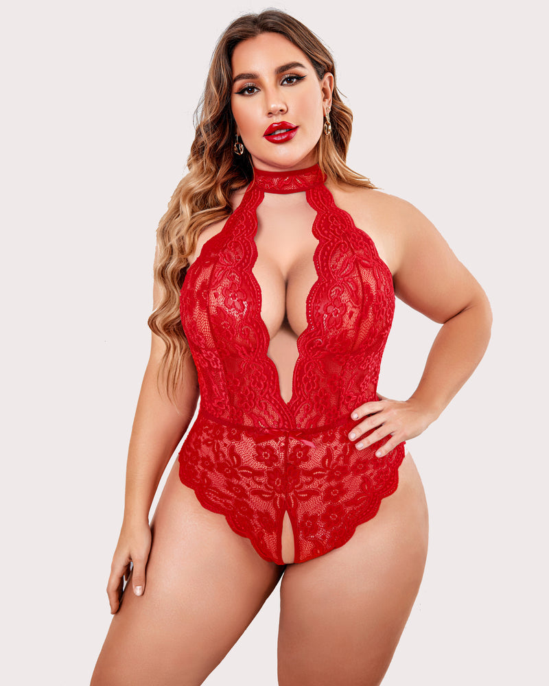 Plus Size Lace Halter Teddy