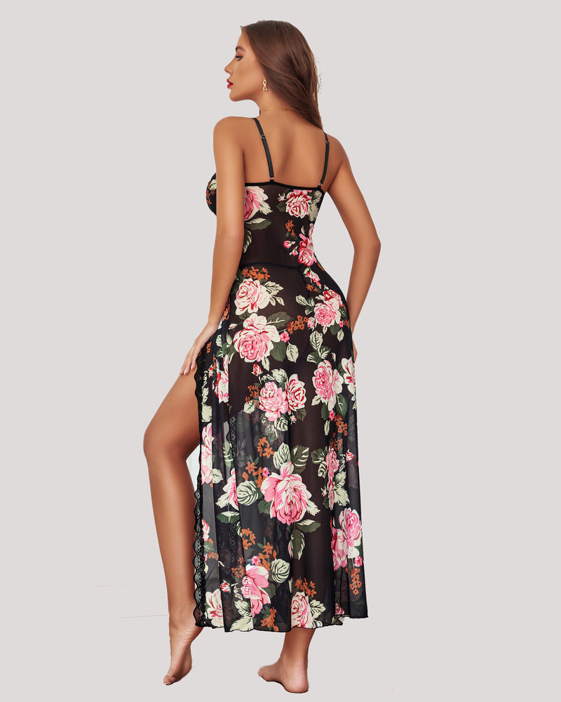 Lace Mesh Side Split Nightgowns