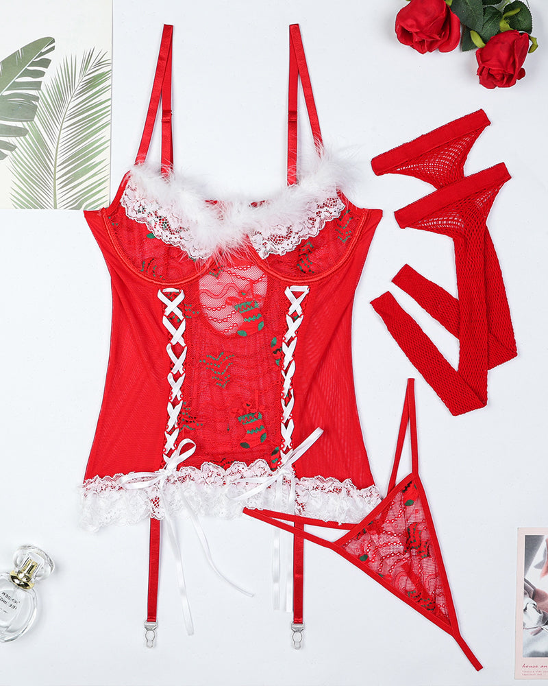 Sexy Christmas Lace Mesh Sheer Lingerie Set with Stockings