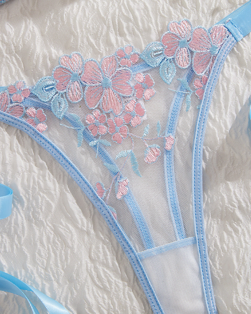 Sexy Flower Embroidered Mesh Lace Gathered Bra Set