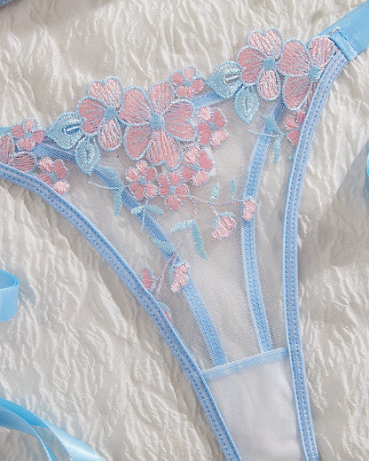 Sexy Flower Embroidered Mesh Lace Gathered Bra Set