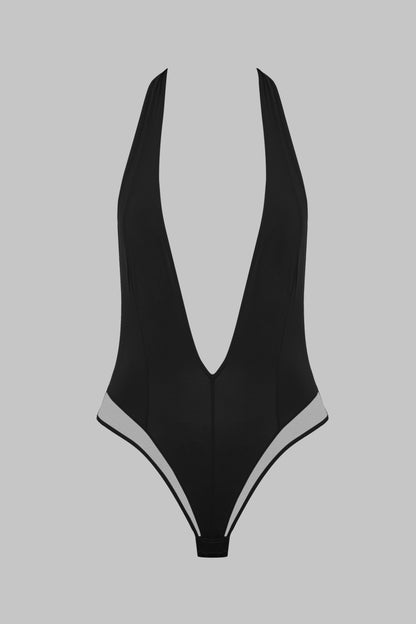 Black V-neck Thong Bodysuit