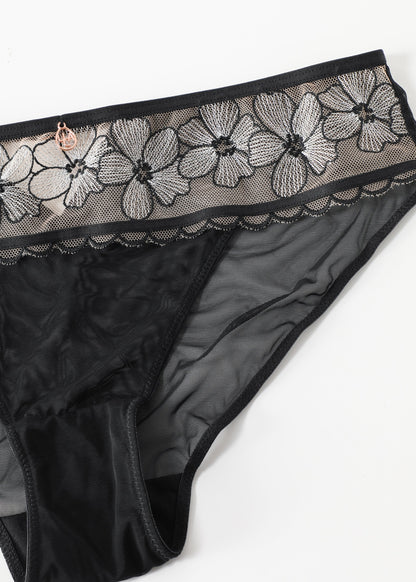 CAMILLA Black Brief Panties With Floral Embroidery Lace
