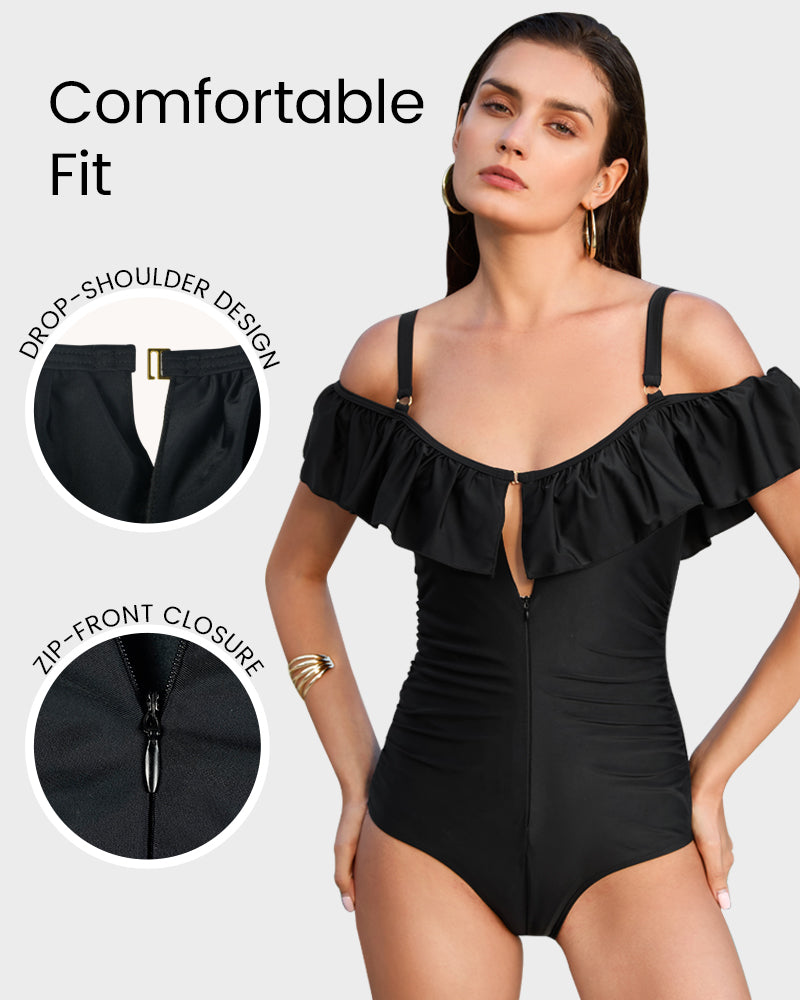 Drop-Shoulder Ruffled Zip-Front Shapewear Swimsuit