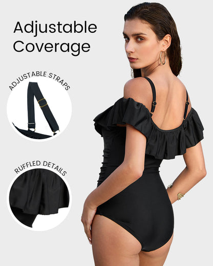 Drop-Shoulder Ruffled Zip-Front Shapewear Swimsuit