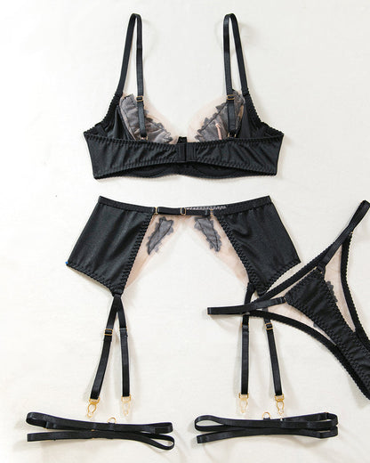 Sexy See-through Mesh Floral Embroidery Patchwork Push-up Bra and Thong Lingerie Set