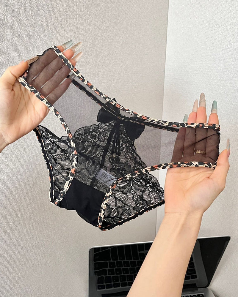 Leopard Print Lace Patchwork Mesh See-through Cutout Bell Bow Decoration Panties