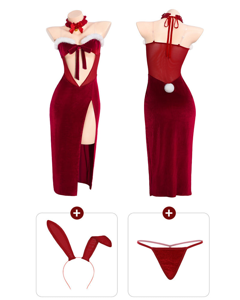Christmas Bunny Sexy Velvet High-slit Long Lingerie Dress