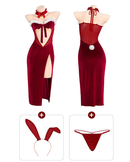Christmas Bunny Sexy Velvet High-slit Long Lingerie Dress