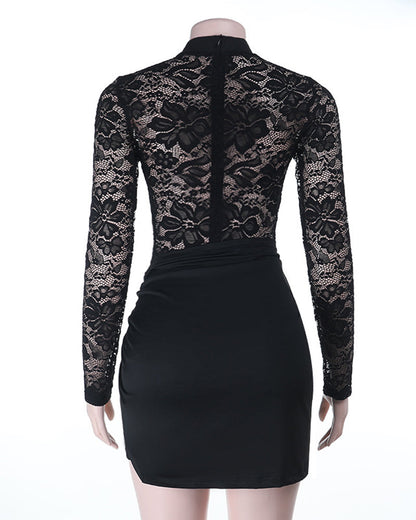 Sexy Lace See-through Round Neck Long-sleeved Bodycon Mini Dress
