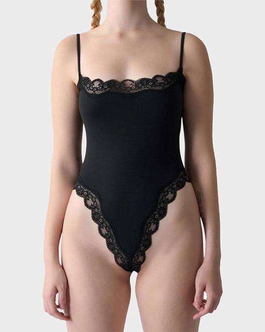Lace Trim Sculpting Thong Bodysuit