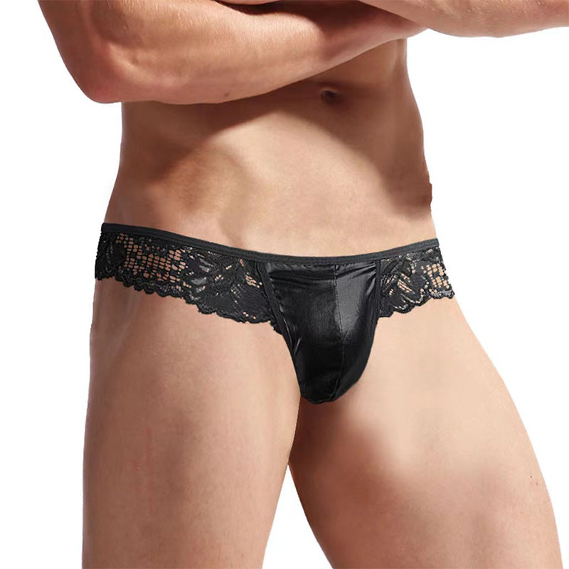 Men's underwear sexy mid-waist briefs Faux leather lace string back thong T-pants - Baby Boxx Lingerie