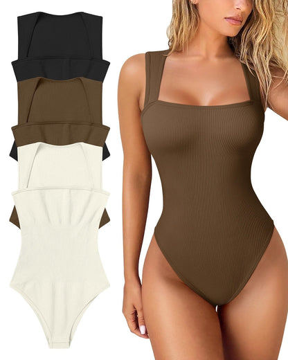 Women's Square Neck Sleeveless Knit Ribbed Vest Bodysuit