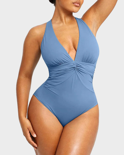 Plunge Ruched Twist-Front Shaping Swimsuit
