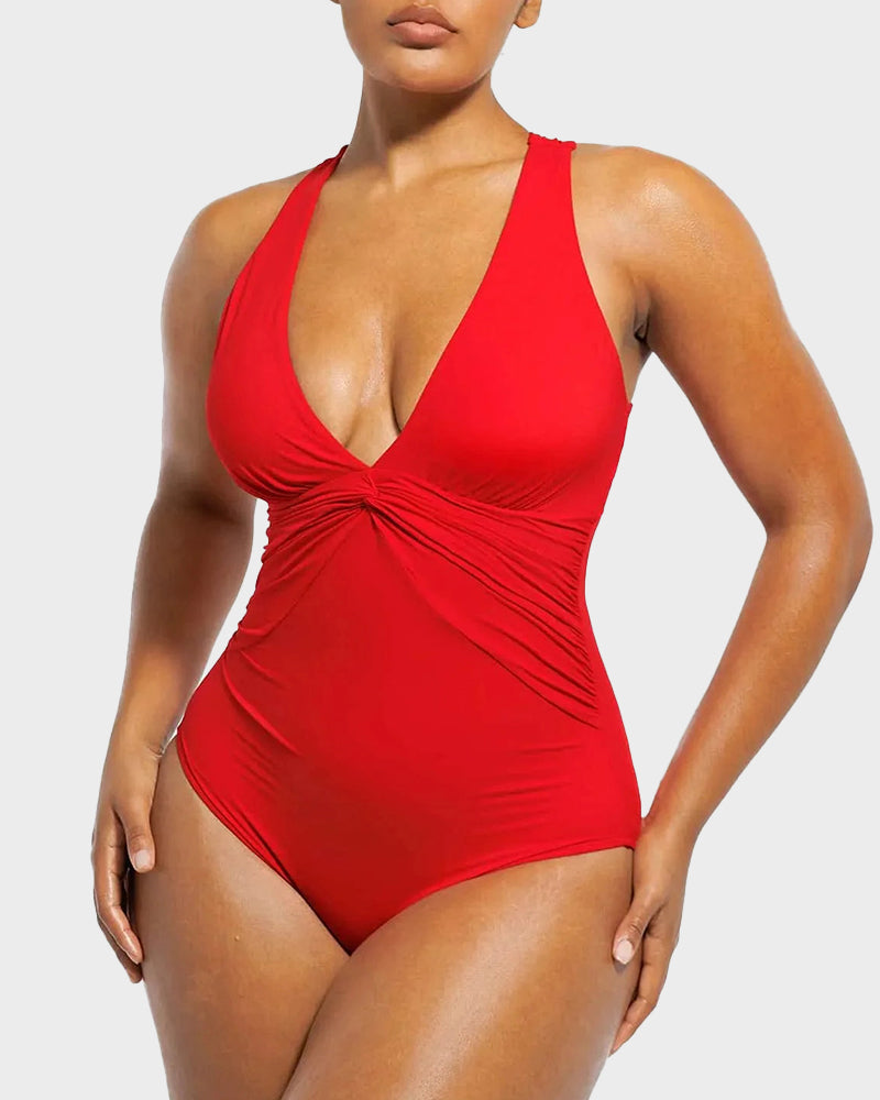 Plunge Ruched Twist-Front Shaping Swimsuit