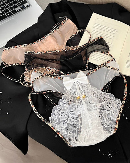 Leopard Print Lace Patchwork Mesh See-through Cutout Bell Bow Decoration Panties