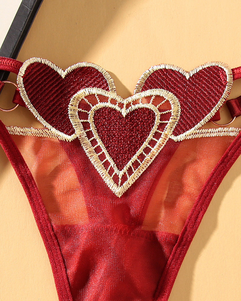Heart Embroidered Sheer Mesh Sexy Thong