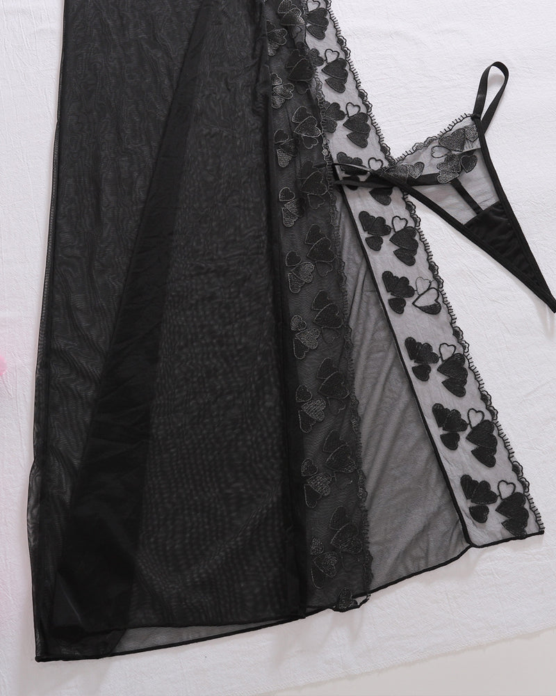 See-through Mesh Sexy High-slit Chemise Long Nightgown Set