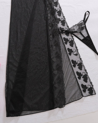 See-through Mesh Sexy High-slit Chemise Long Nightgown Set