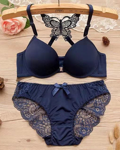 Front-fastening Underwire Butterfly Back Bra and Lace Patchwork Panty Set