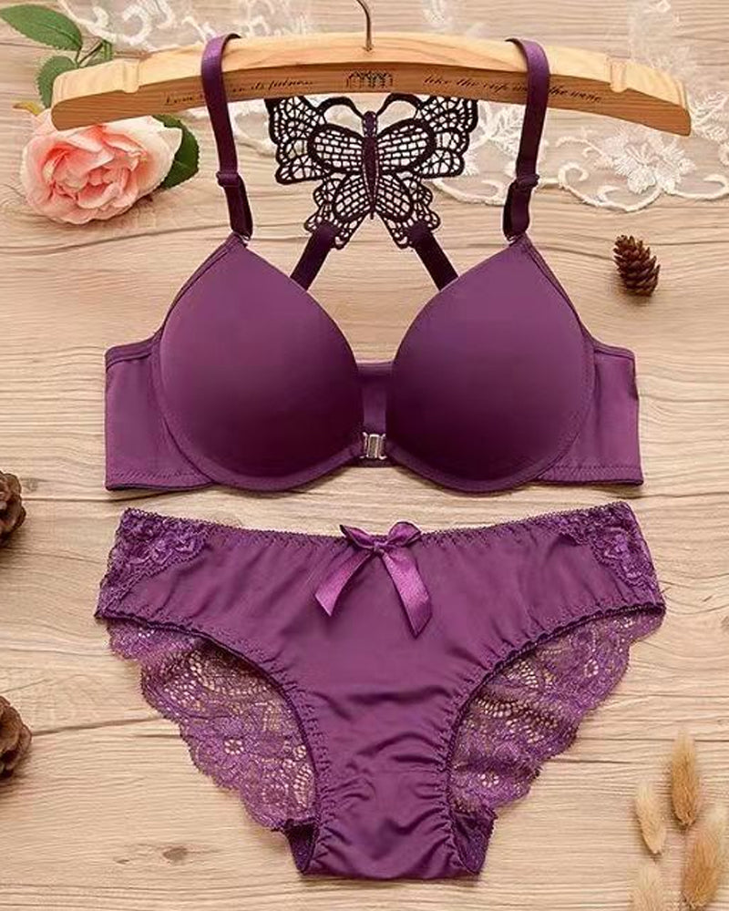 Front-fastening Underwire Butterfly Back Bra and Lace Patchwork Panty Set