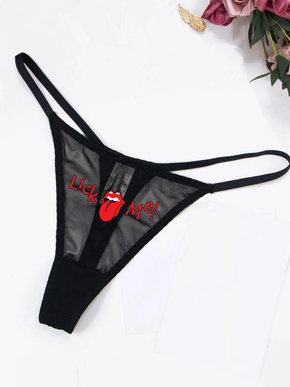 Seductive Temptation: Mesh Mouth & Letter Print Lick Me Thong