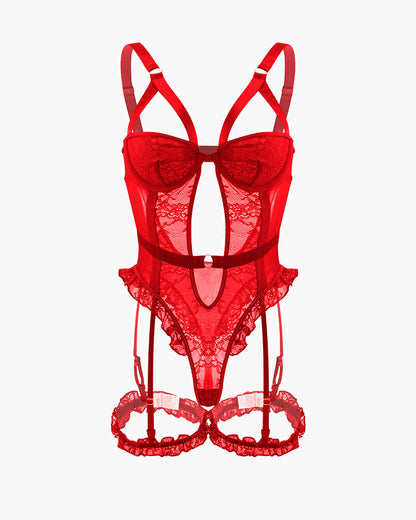 ORVESSA Backless Lace Garter Teddy With Leg Rings