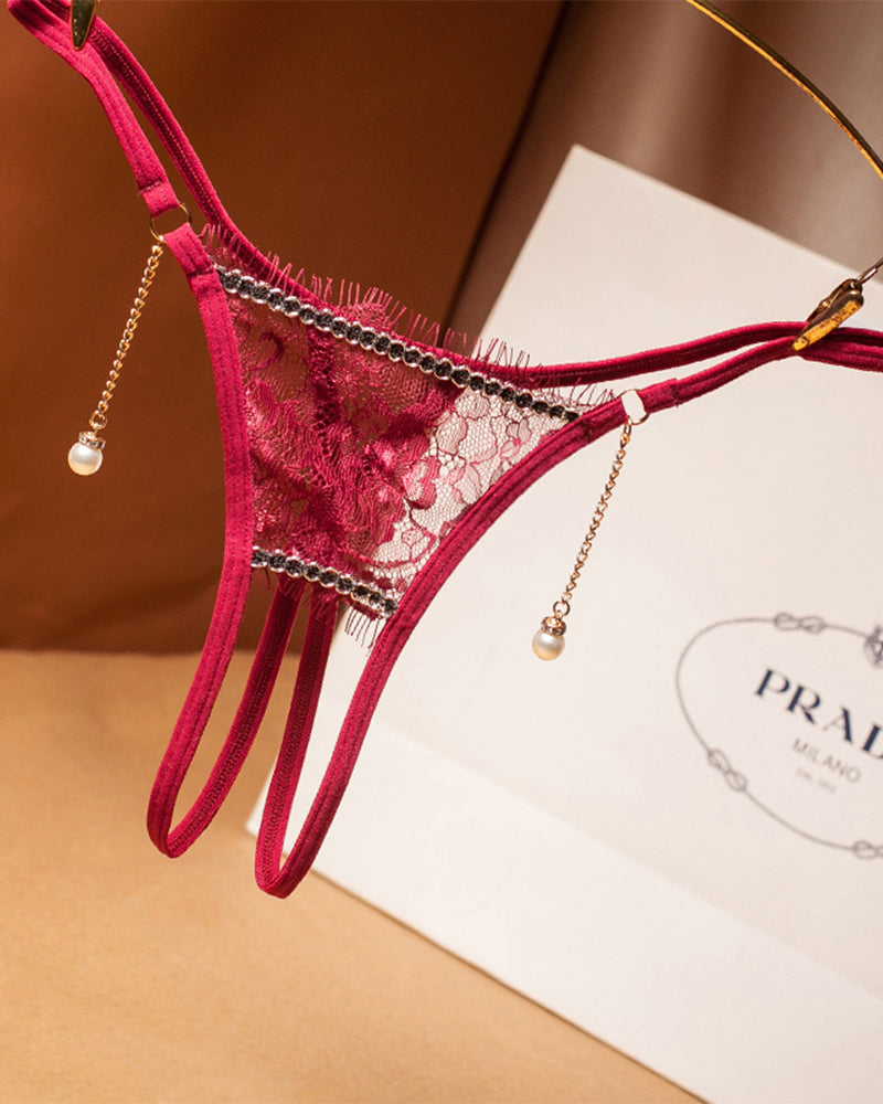 RAVESSIA Crotchless Pearl Pendant Thong