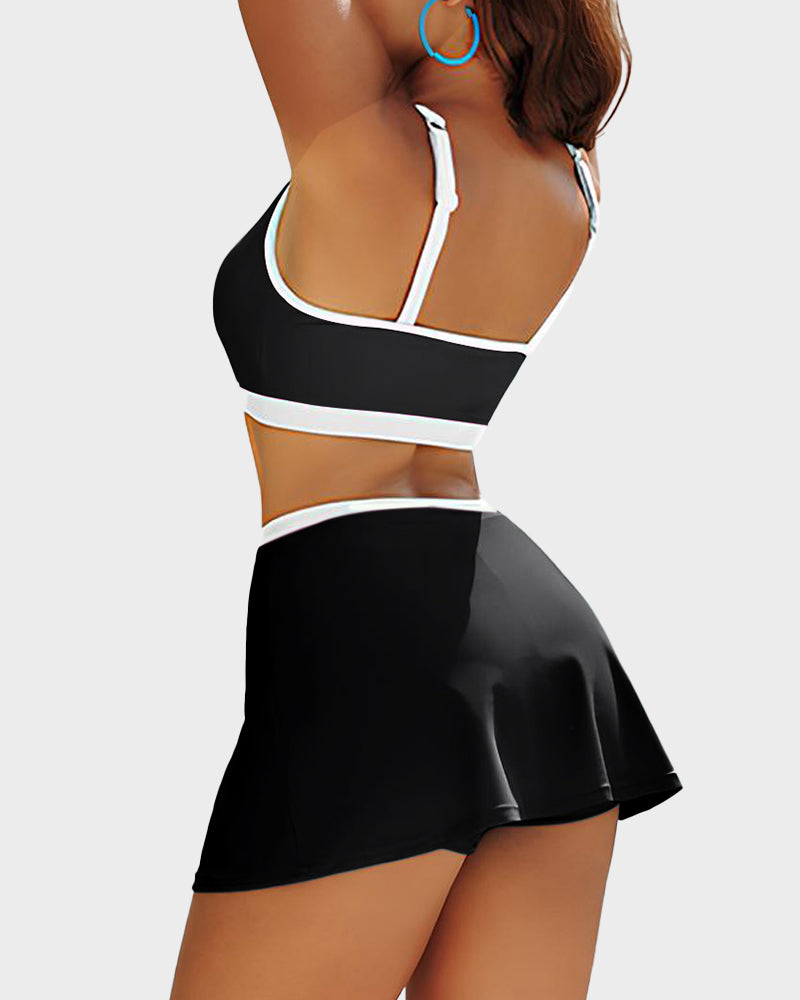 Sporty Color Block Side Slit Skirted Bikini Set