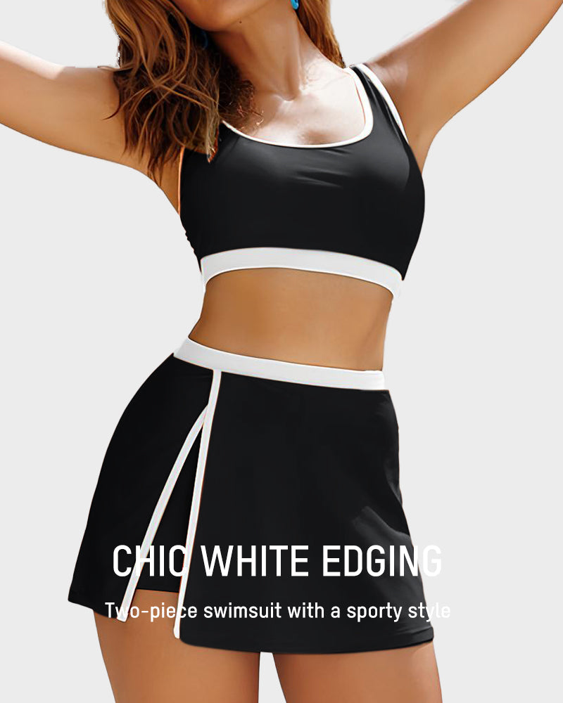 Sporty Color Block Side Slit Skirted Bikini Set