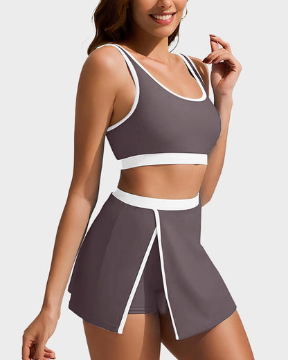 Sporty Color Block Side Slit Skirted Bikini Set