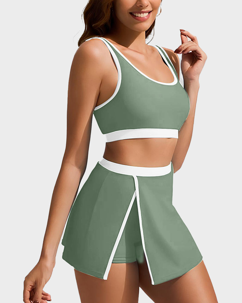 Sporty Color Block Side Slit Skirted Bikini Set