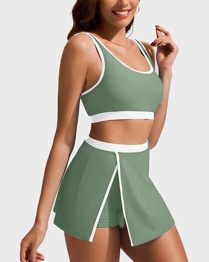 Sporty Color Block Side Slit Skirted Bikini Set