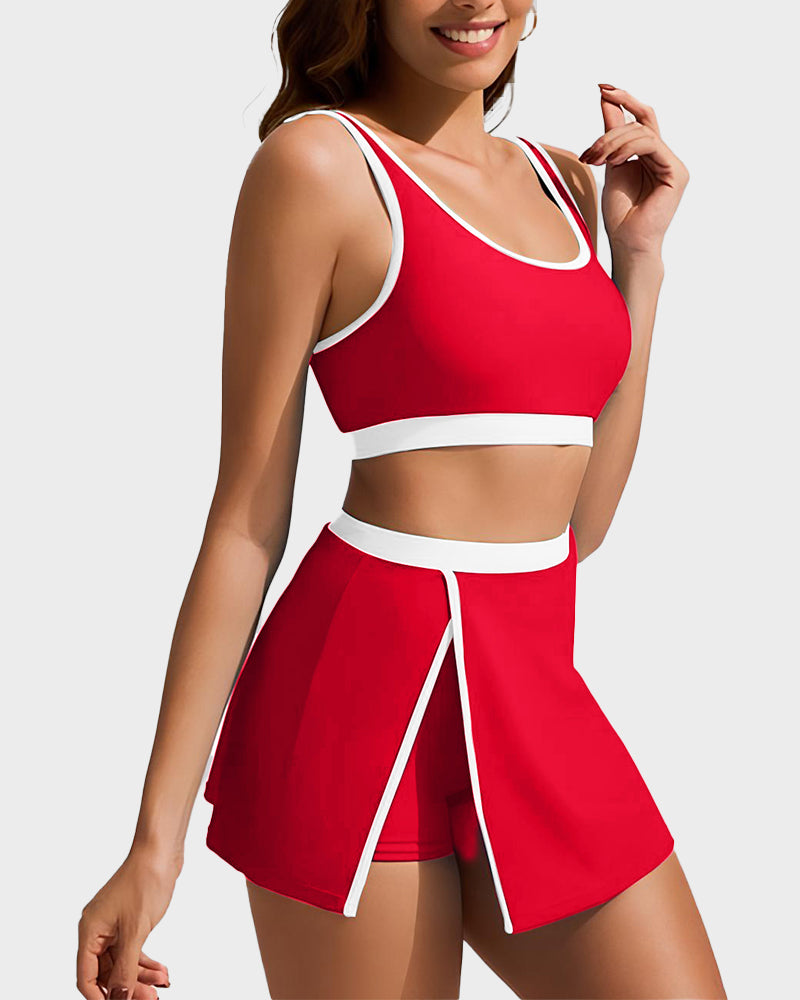 Sporty Color Block Side Slit Skirted Bikini Set