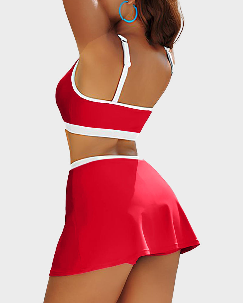 Sporty Color Block Side Slit Skirted Bikini Set